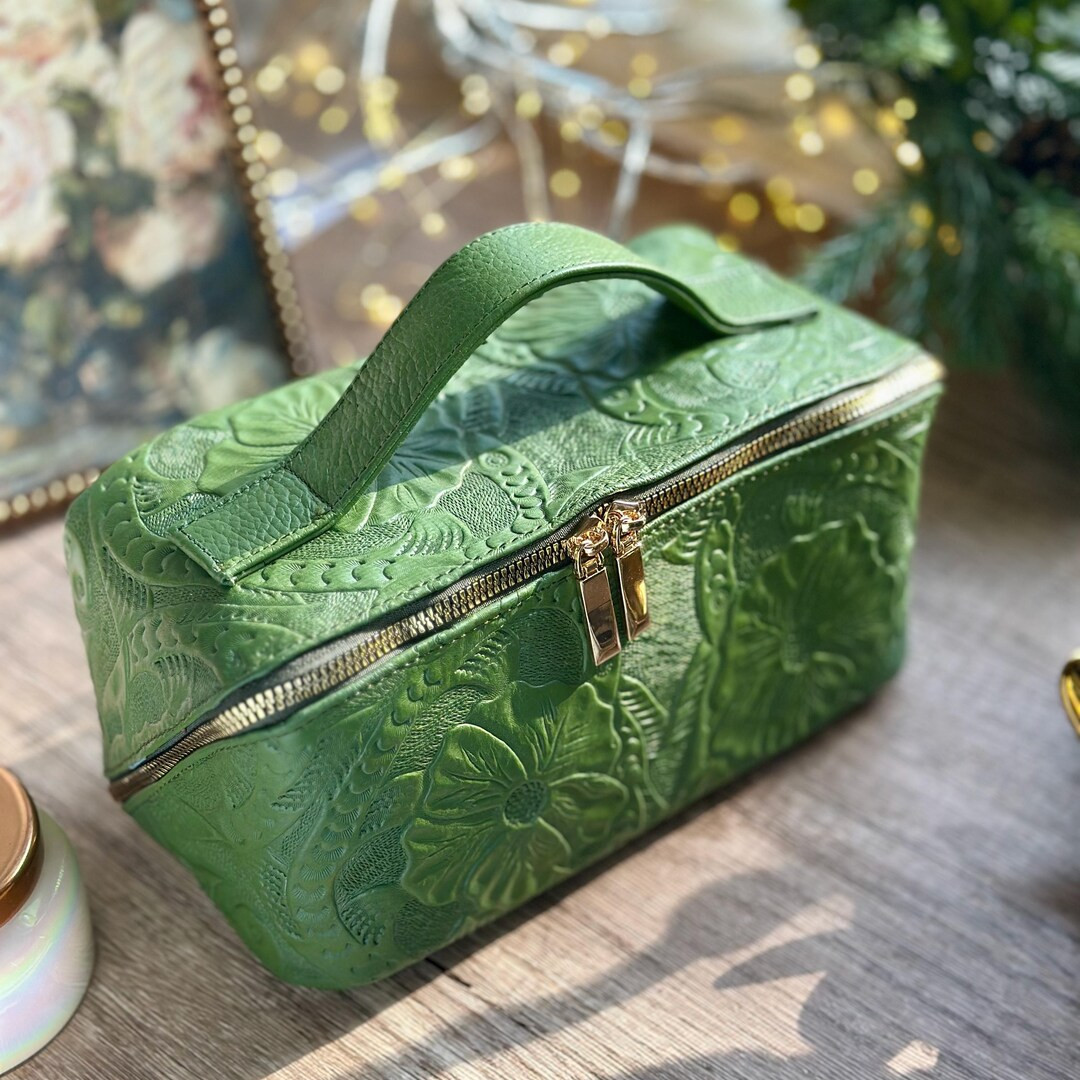 Personalized Leather Makeup Bag, Floral Cosmetic Bag, Large Travel Toiletry Case, Custom Gift for... | Etsy (Global)