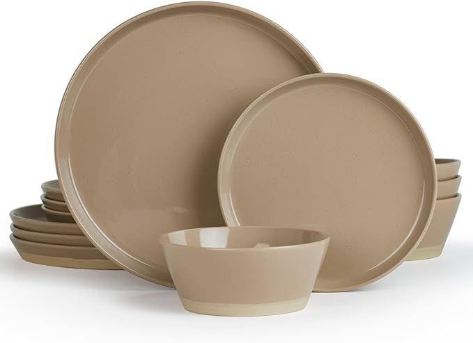 Famiware Saturn Dinnerware Sets, 12 Piece Dish Set, Plates and Bowls Sets for 4, Cinnamon Brown | Amazon (US)