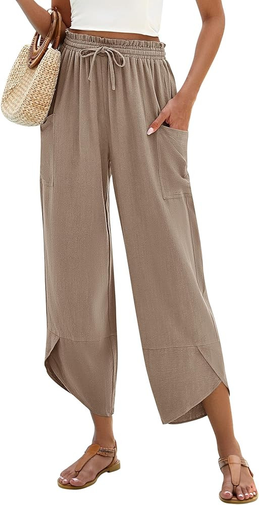 LOMON Women Linen Palazzo Pants Boho Wide Leg Elastic Waisted Casual Capri Pant Summer Harem Loun... | Amazon (US)