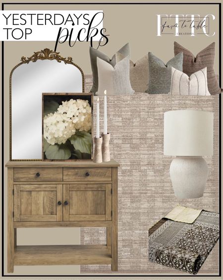 Yesterday’s Top Picks. Follow @farmtotablecreations on Instagram for more inspiration.

Kantha Quilt. Chaise Pillow Combo. Hackner Home. Loloi Performance Sand Rug. Garmon 35.4'' Console Table with Drawers and Cabinet. White Hydrangea Canvas Printed Sign. Better Homes & Gardens 21" Raw Sand Table Lamp with Shade by Dave & Jenny Marrs. Better Homes & Gardens 20" x 30" Filigree Arch Metal Wall Mirror Decor in Gold. Marble Candleholders. 

#LTKhome #LTKfindsunder50 #LTKsalealert