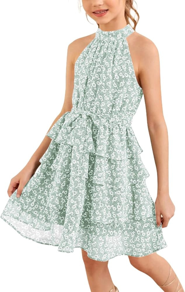 Imily Bela Girls Floral Ruffle Dress Halter Neck Kids Chiffon Summer Party Dress with Belt | Amazon (US)