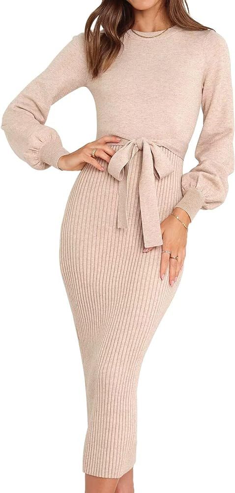 HAEOF Womens 2023 Fall & Winter Sweater Dress Elegant Ribbed Knit Crewneck Long Puff Sleeve Bodycon  | Amazon (US)