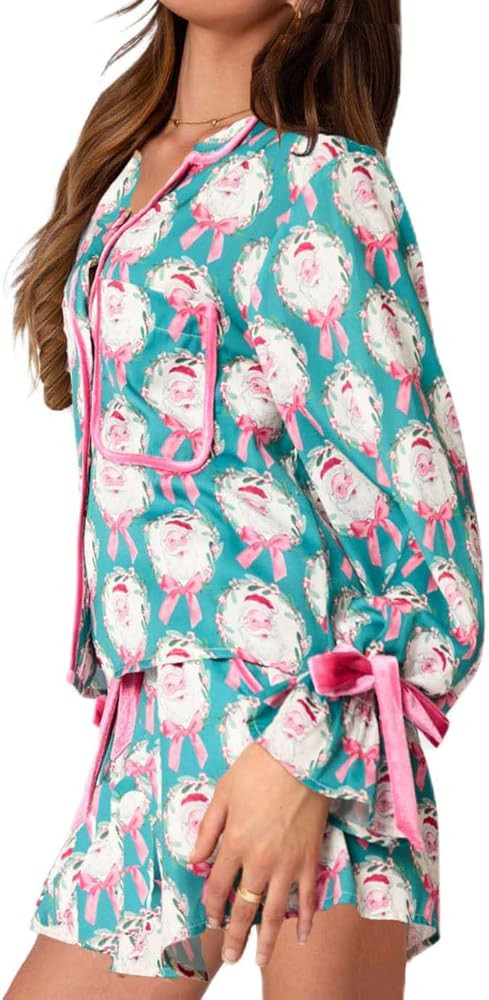 Women Holiday Party Pajamas Cute Satin Silk PJs 2 Piece Outfits Long Sleeve Button Down Shirt Lou... | Amazon (US)
