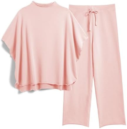 Women's Two Piece Outfits 3/4 Batwing Sleeve Capelet Crew Neck Pullover Top Wide Leg Pants Lounge... | Amazon (US)