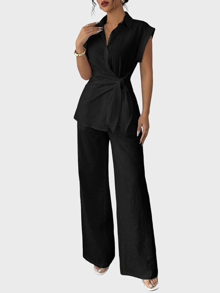 Womens Dressy Two Piece Sets Cap Sleeve Tie Waist Shirt Wide Leg Pants | Amazon (US)