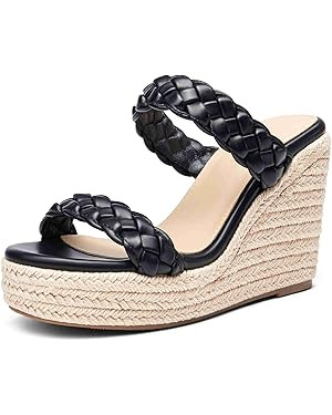 Coutgo Womens Wedge Platform Sandals Espadrilles Two Strap Woven Slip On Summer Cute Slide Sandal... | Amazon (US)