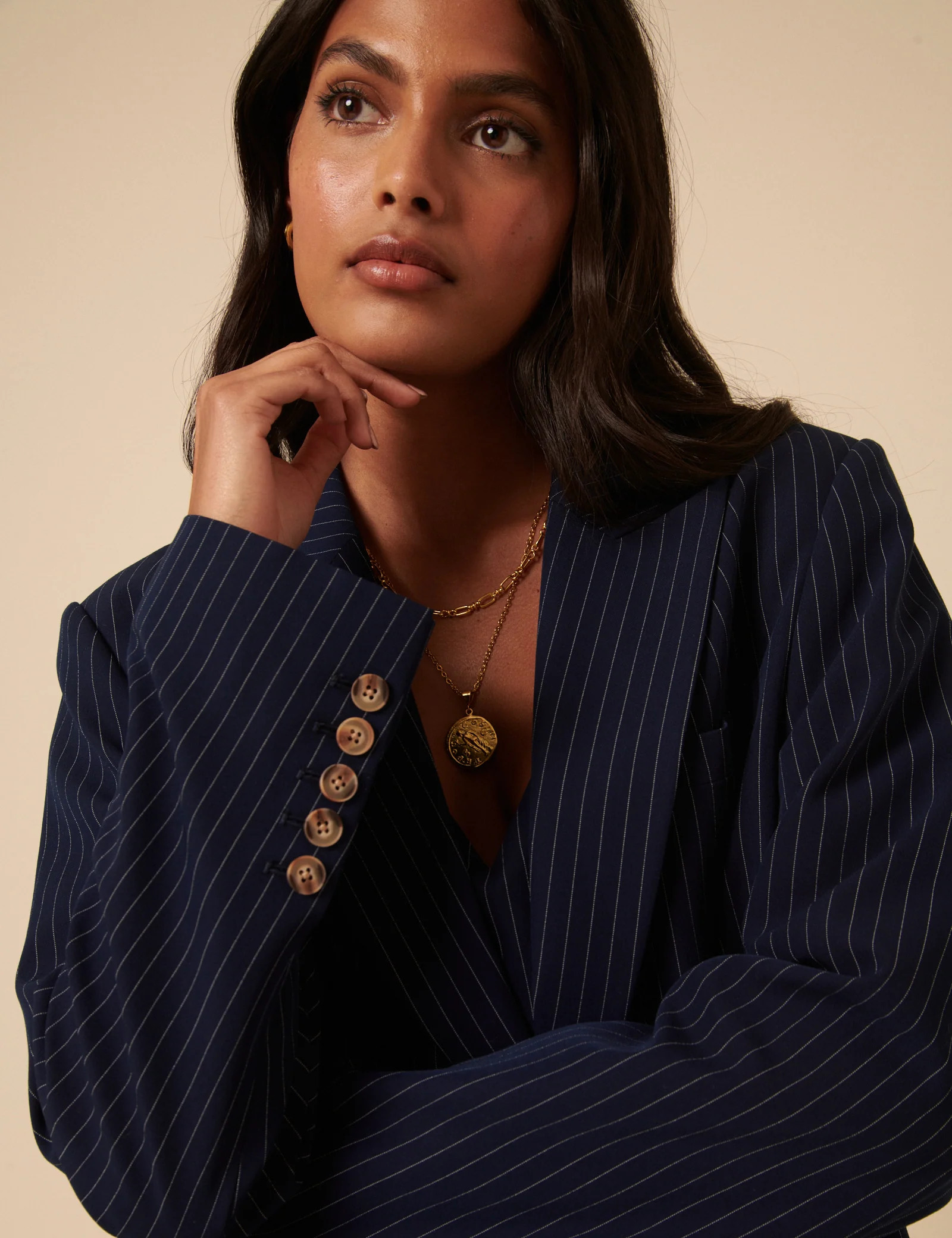 Poppy Delevingne Navy Pinstripe Cara Blazer | Nobody's Child