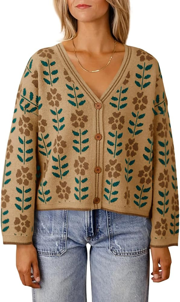 Saodimallsu Womens Floral Print V Neck Cardigan Open Front Button Down Knit Sweater Long Sleeve L... | Amazon (US)