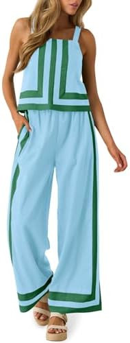 Tankaneo Womens 2 Piece Lounge Set Summer Casual Color Block Cami Top Wide Leg Pants Set Beach Va... | Amazon (US)