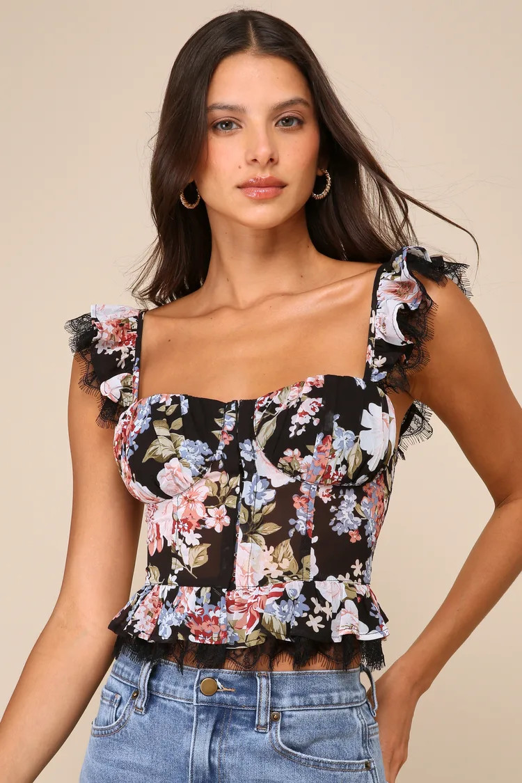 Charmingly Sweet Black Floral Print Lace Bustier Top | Lulus