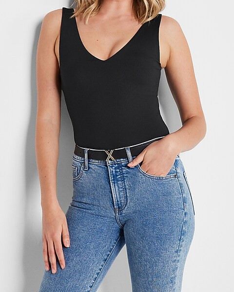 Body Contour Ribbed V-Neck Thong Bodysuit | Express