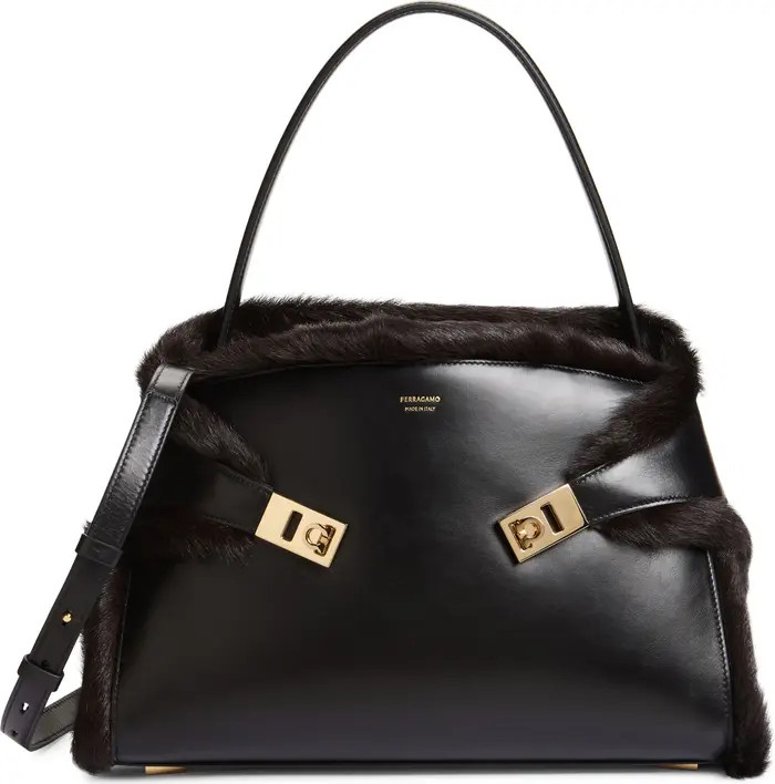 Hug Genuine Shearling Trim Leather Satchel | Nordstrom