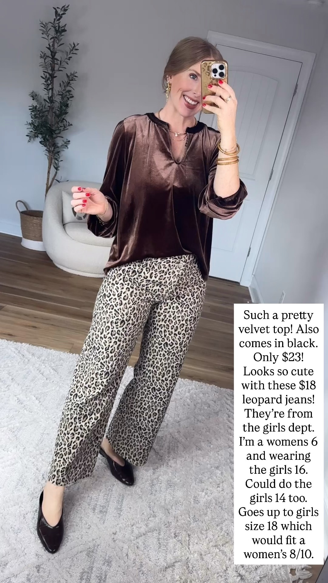 Walmart try on, scenario, velvet top, leopard jeans