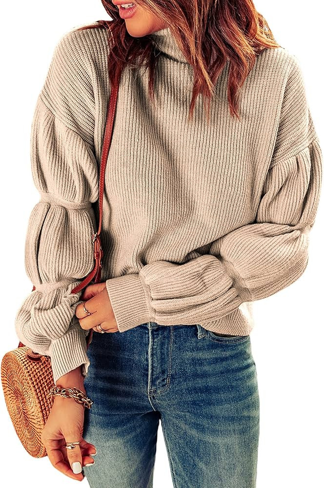 KIRUNDO Women's 2023 Fall Turtleneck Lantern Sleeve Sweater Drop Shoulder Chunky Knit Sweaters Solid | Amazon (US)