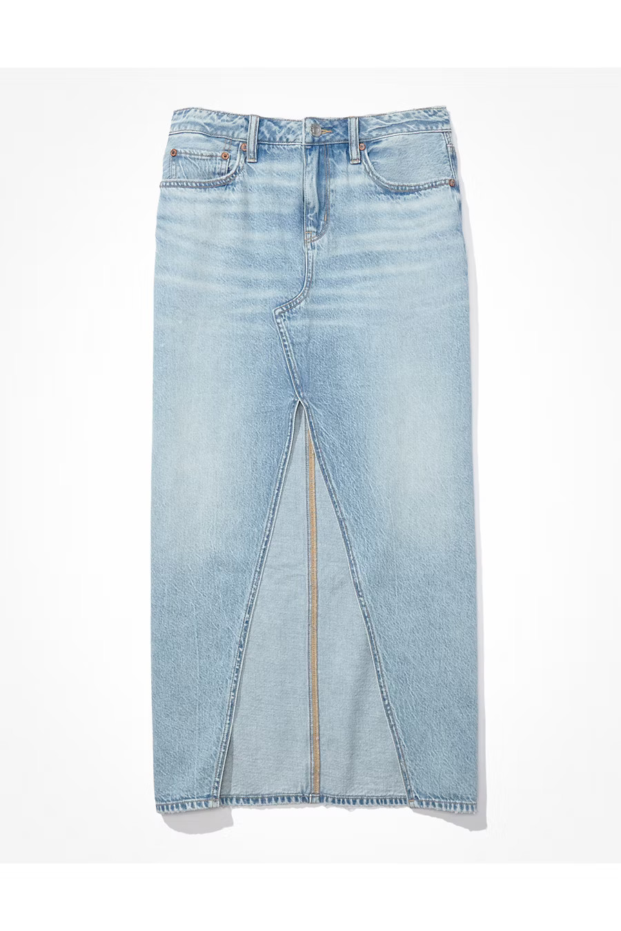 AE Dreamy Drape Low-Rise Denim Maxi Skirt | American Eagle Outfitters (US & CA)