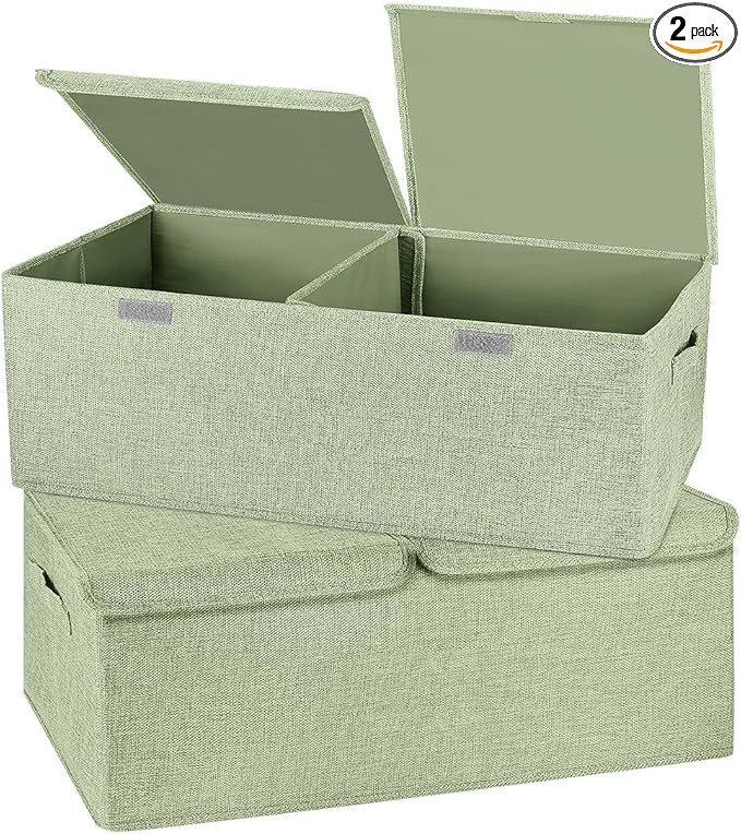 2 Pack Storage Boxes with Lids and Handles, Collapsible Linen Storage Bins Organizer Containers B... | Amazon (US)