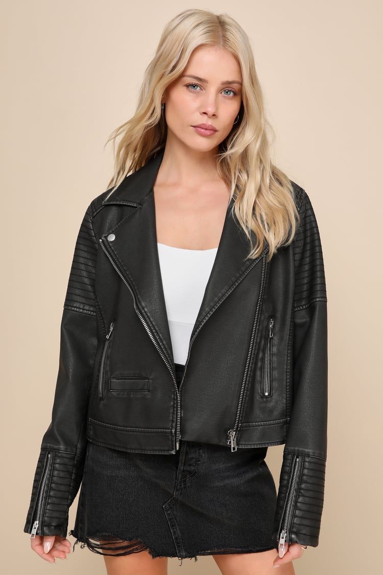 Trendy Rebel Washed Black Vegan Leather Collared Moto Jacket | Lulus
