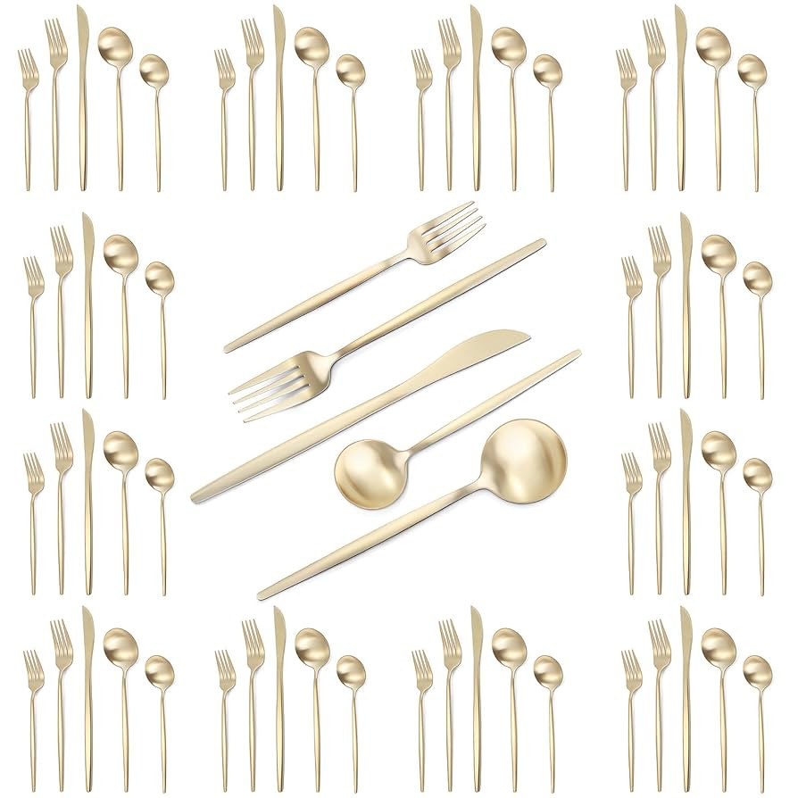 Matte Champagne Gold Silverware Set, 60-Piece Stainless Steel Flatware set, Service for 12, Table... | Amazon (US)