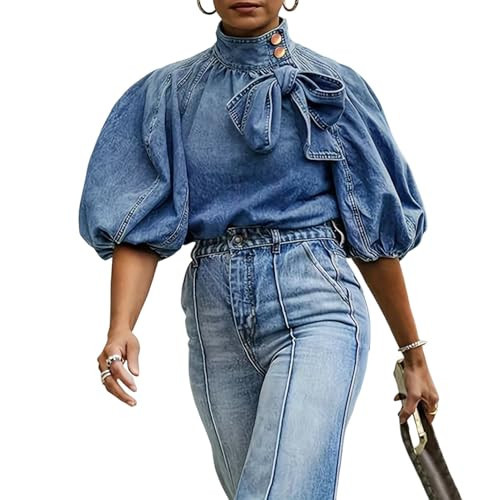 Women's Bow Design Denim Pullover Top Button Up High Neck Fashionable Jacket with Elastic and Puff Sleeves(Blue 1,M) | Amazon (US)