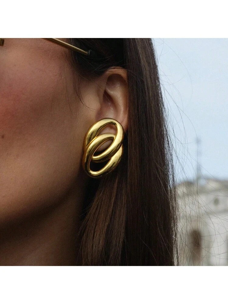 Uworld 1 Pair Of 18K Gold-Plated Stainless Steel Fashion Geometric Double Oval Hollow Earrings Women High Quality Anti-Allergy Jewelry Daily Wear | SHEIN