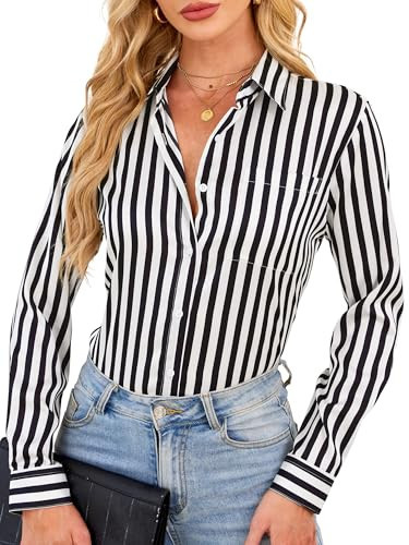 BBIBBI Womens Black and White Striped Shirt Blouse Pocket Shirts for Women Tops Long Sleeve Top Woman Button Down Blouses Black Size XL | Amazon (US)