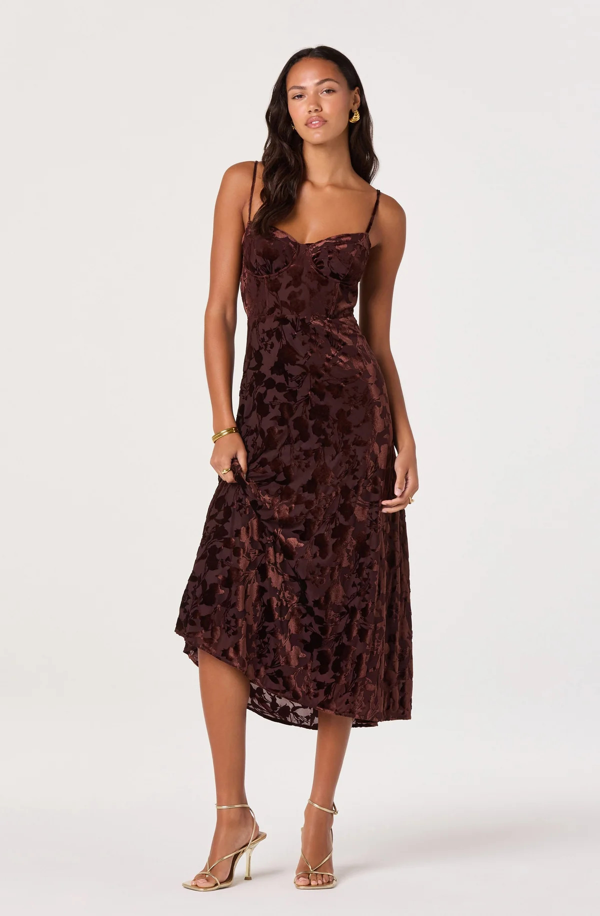 Velvet Floral Burnout Bustier Midi Dress - Brown / XS | ASTR The Label (US)