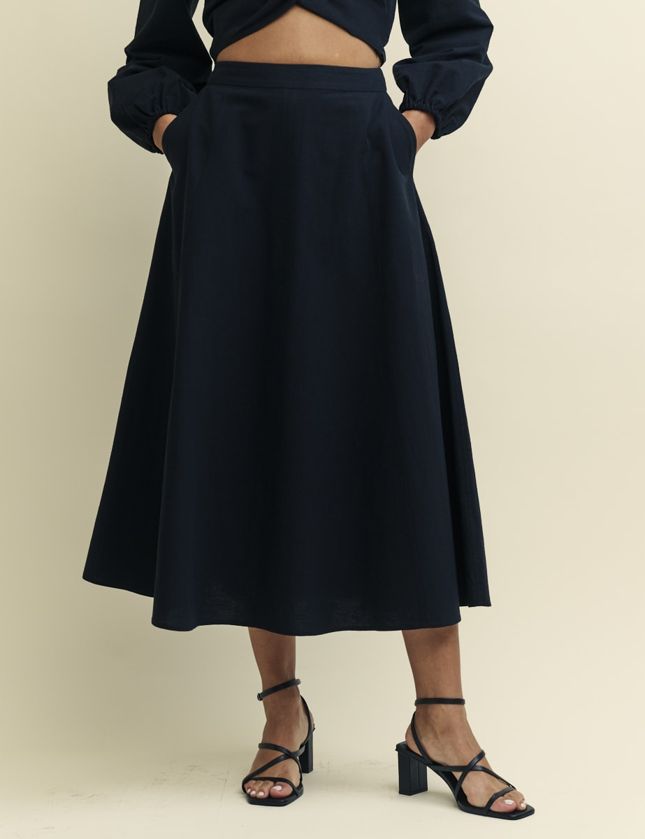 Black Linen-blend A Line Midi Skirt | Nobody's Child