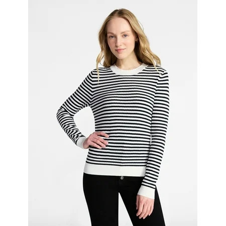 Time and Tru Women's Stripe Pointelle Rib Sweater with Long Sleeves, Lightweight, Sizes XS-XXXL | Walmart (US)
