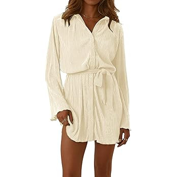 LYANER Women's Collar V Neck Button Down Pleated Long Sleeve Mini Shirt Dress with Belt | Amazon (US)