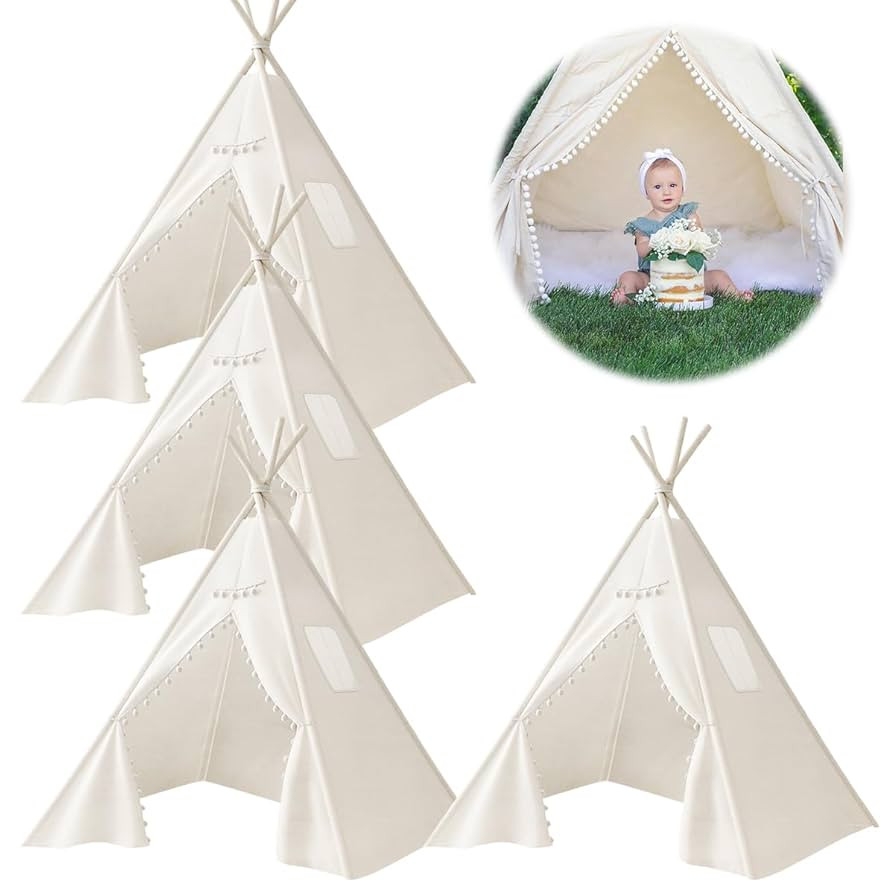 4 PCS Teepee Tent for Kids,Washable Tapered Kids Teepee Tent,Bohemian White Collapsible Sleepover... | Amazon (US)