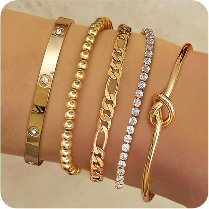 Fansilver Gold Bracelets for Women 14k Real Gold Bangle Cuff Bracelet Set Gold Plated Beaded Pape... | Amazon (US)