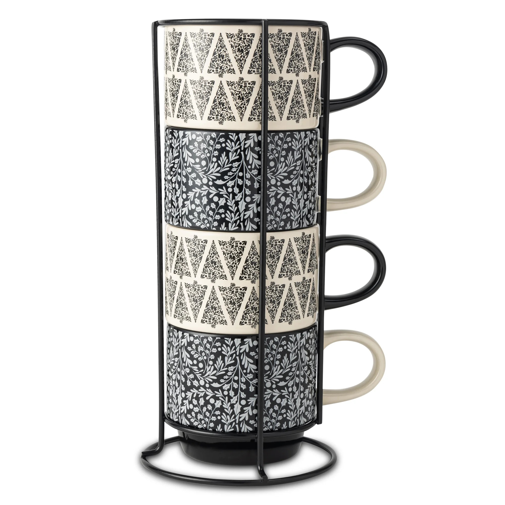 Thyme & Table 10.5 fl oz Assorted Holiday Tree Print 4-Pack Ceramic Stacking Mugs - Black and Whi... | Walmart (US)