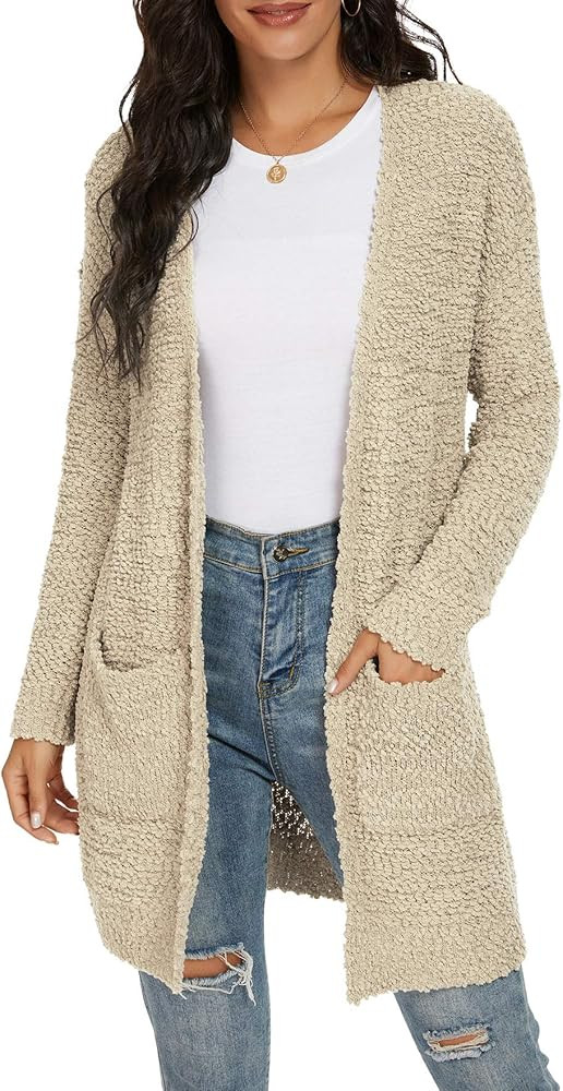 QIXING Women's Casual Open Front Cardigans Long Sleeve Chunky Knit Sweater Coat with Pockets | Amazon (US)