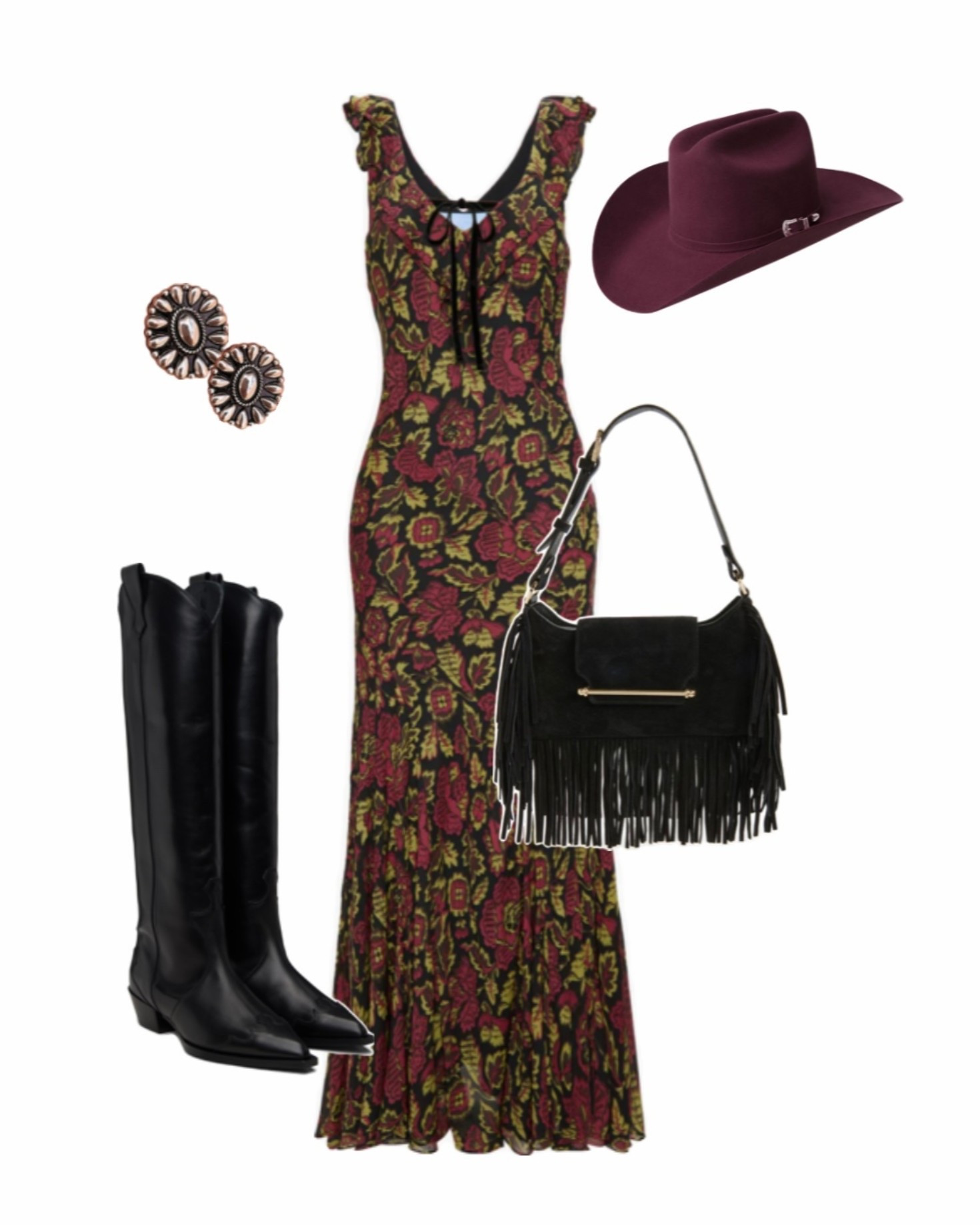 Western inspired floral maxi dress styled with black knee high boots, fringe handbag, and a burgundy cowboy hat for an elevated boho western outfit. Perfect for fall events, country concerts, western date night, or rodeo outfit inspo

western outfit, western dress, floral maxi dress, boho western style, cowgirl outfit, country concert outfit, western fall outfit, fringe bag outfit, cowboy hat outfit, black western boots, fall western look, boutique style dress