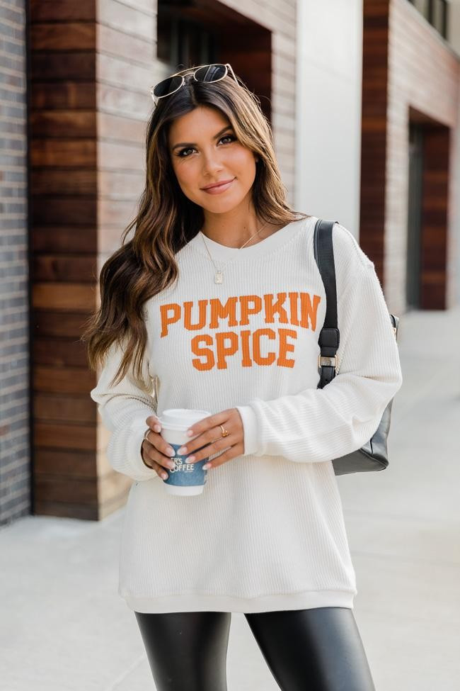 Pumpkin Spice Graphic Pullover Corded Ivory Sweatshirt | The Pink Lily Boutique
