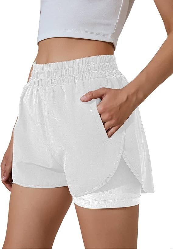 BMJL Women's Running Shorts Elastic Waistband High Waisted Shorts Pocket Sporty Workout Shorts Gy... | Amazon (US)