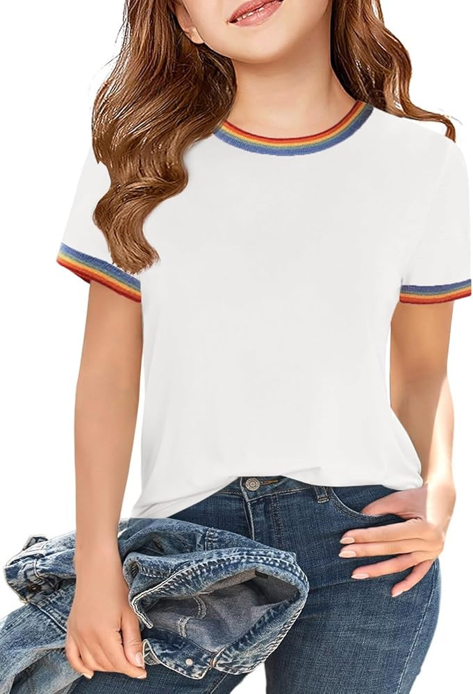 Haloumoning Girls Short Sleeve T Shirts Kids Summer Rainbow Trim Ringer Tees Crewneck Tops 5-14 Y... | Amazon (US)