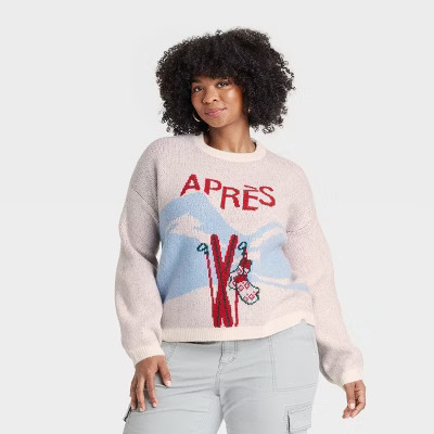 Women's Holiday Crewneck Pullover Sweater - A New Day™ Cream/Blue Apres XXL | Target