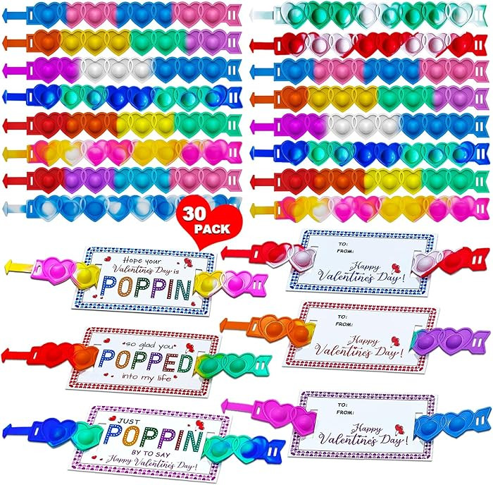 BAOXUE 30 Pack Valentines Day Gifts For Kids Classroom, Pop It Valentines Day Cards For Kids Scho... | Amazon (US)