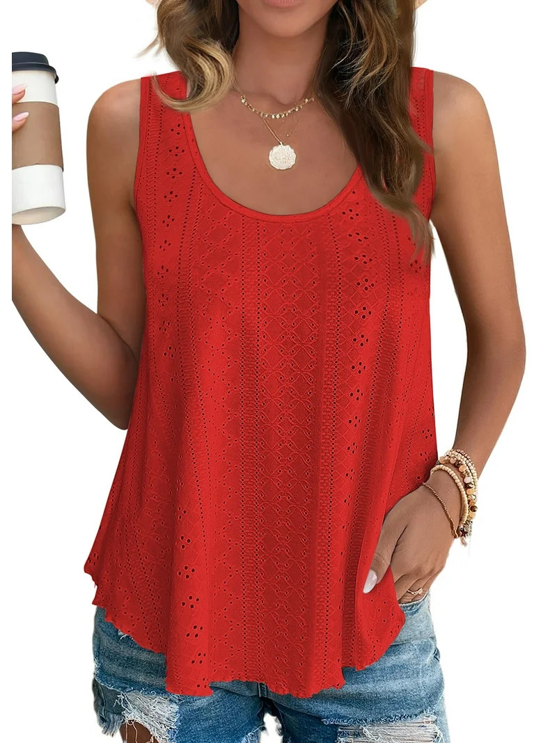 Fantaslook Womens Tank Tops Eyelet Crew Neck Sleeveless Tops Dressy Casual Flowy Summer Shirts | Walmart (US)