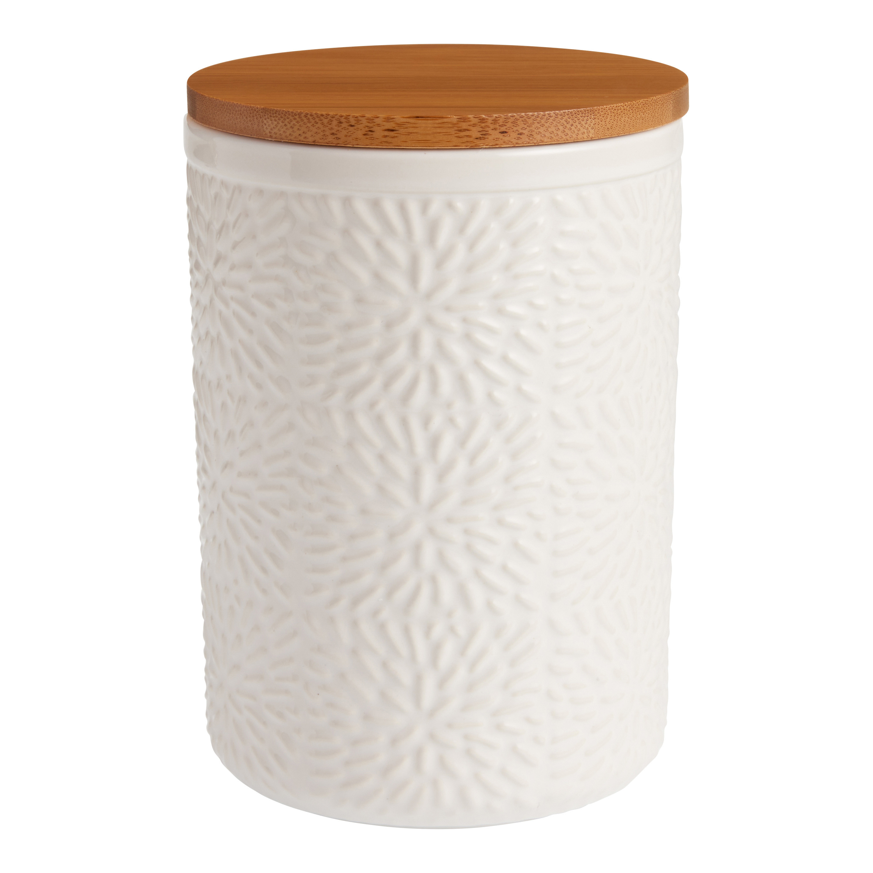 Medium White Textured Ceramic and Bamboo Storage Canister | World Market