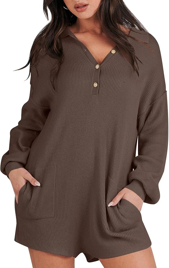ANRABESS Women Sweater Rompers 2023 Fall Outfits Trendy Long SLeeve Henley V Neck Knit Lounge Jum... | Amazon (US)
