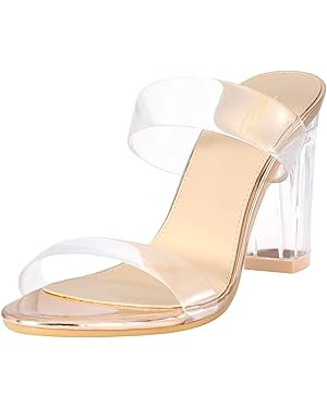 ZriEy Women's Chunky Block Open Toe Mid High Heeled Sandals Two Strap Slip on Heels Slide Sandals... | Amazon (US)
