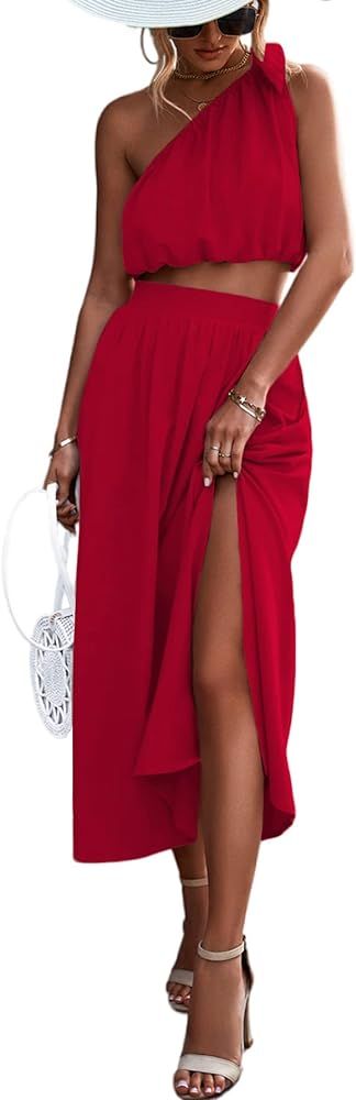 Women’s 2piece Outfits, Tie Knot One Shoulder Tank Top, Maxi Skirt, Easter Outfit, Holiday Outfit | Amazon (US)
