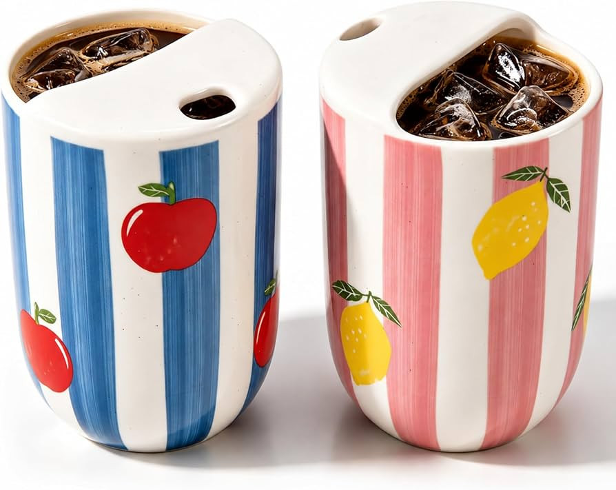 Hushee 2 Pack 16 oz Ceramic Coffee Mugs with Sip Hole, Retro Hand-painted Ceramic Travel Mug, Cut... | Amazon (US)