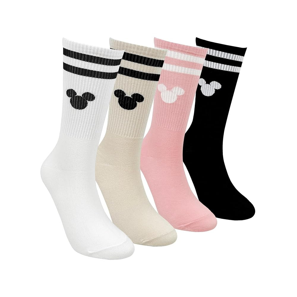 Mickey Mouse Crew Socks, 4 Pairs, Striped Design, White Black Pink Beige collection | Amazon (US)