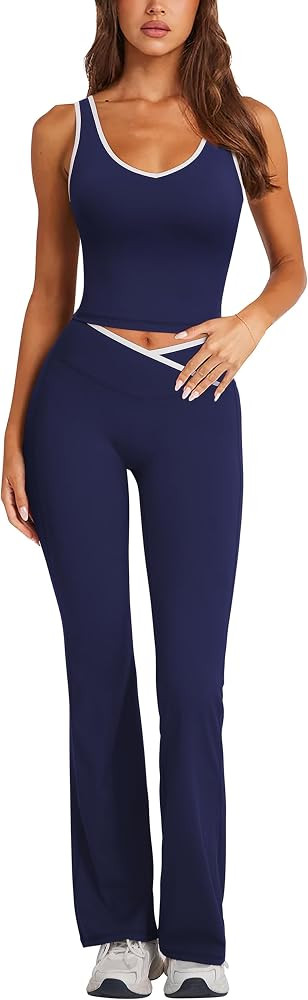 RXRXCOCO Women's Workout Sets 2 Piece Flare Leggings Butt Lifting Crop Tank Top Matching Set Colo... | Amazon (US)