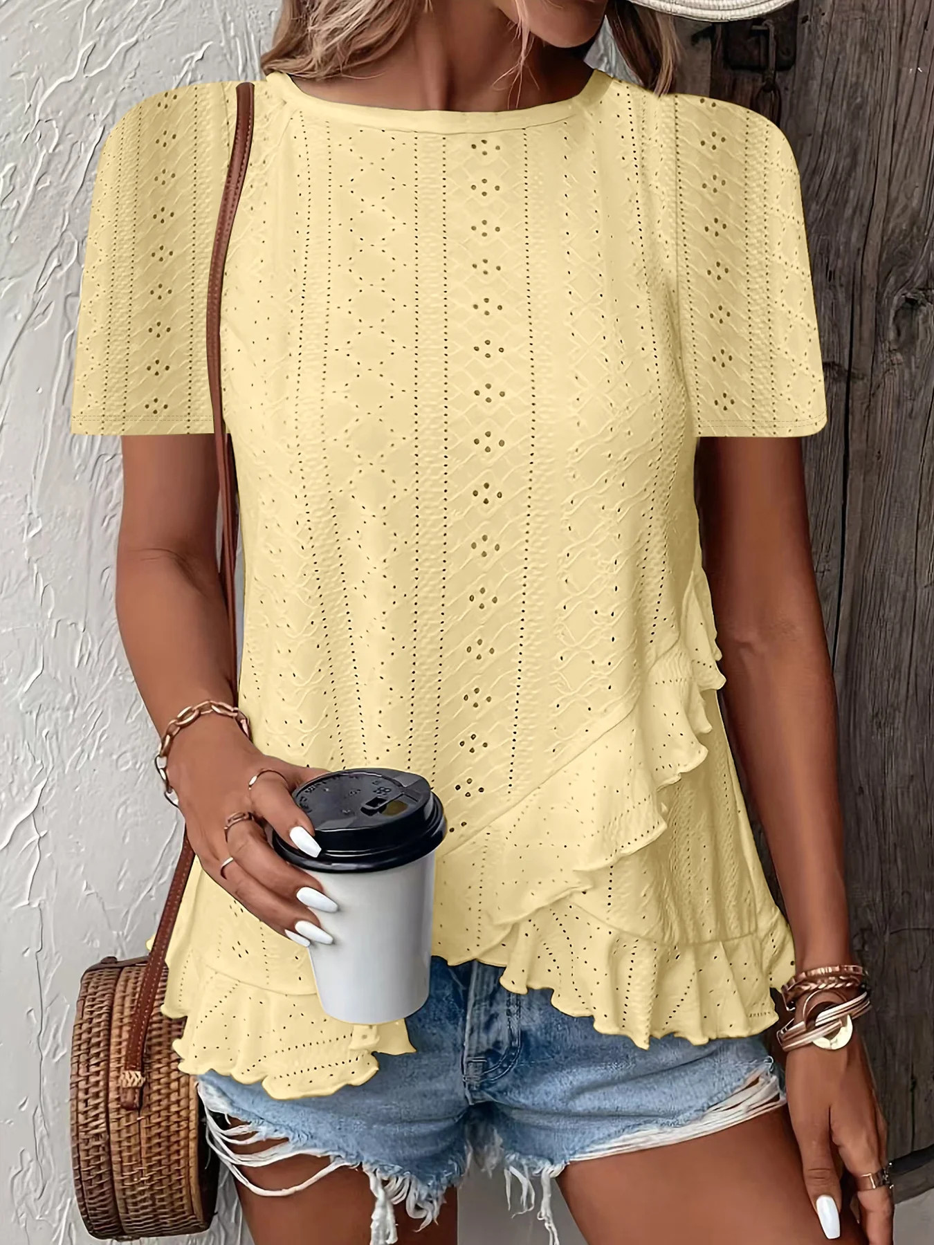 MORTTIC Women's Ruffle Hem Short Sleeve T-Shirt, Casual Summer Crew Neck Blouses Top, S | Walmart (US)
