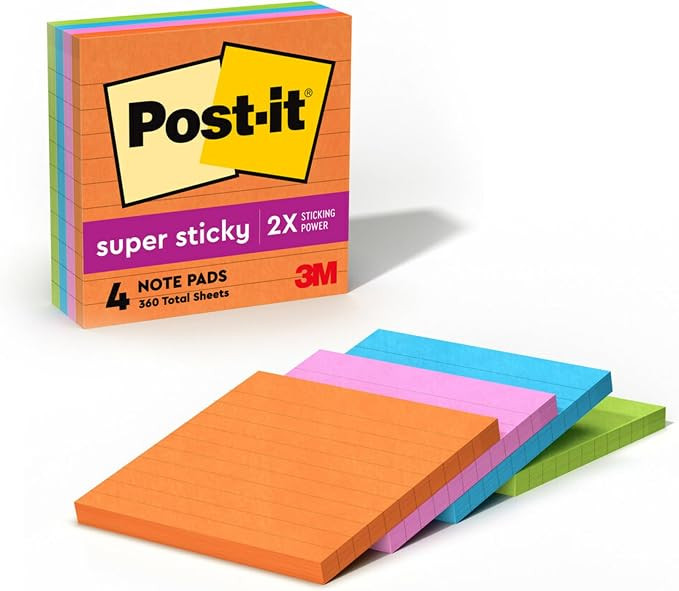 Post-it Super Sticky Notes, 4 x 4 in, Neon Fizz, 4 Lined Pads | School Supplies and O\ufb03ce Sup... | Amazon (US)