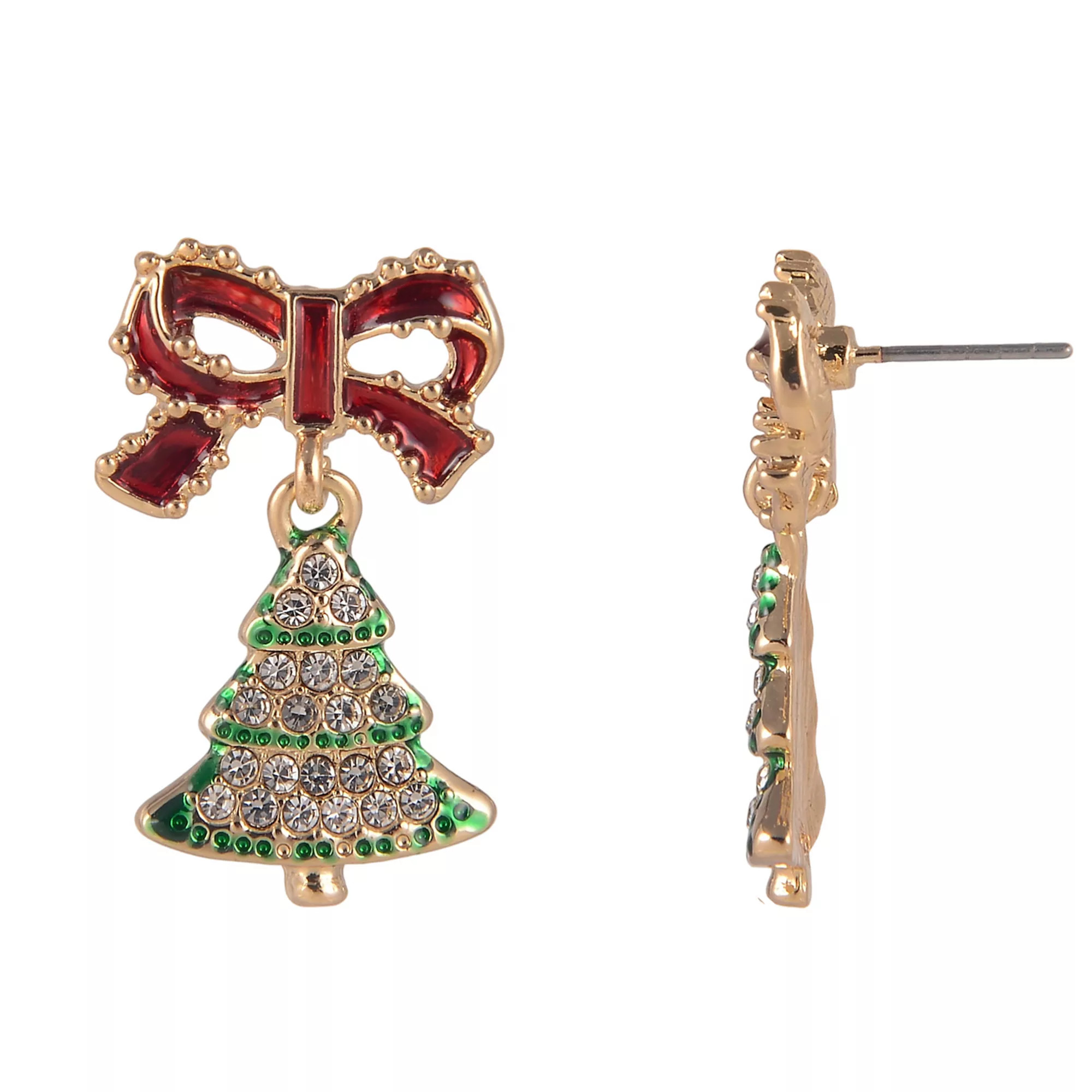 Gold Tone Green Enamel Christmas Tree Red Bow Drop Earrings | Kohl's